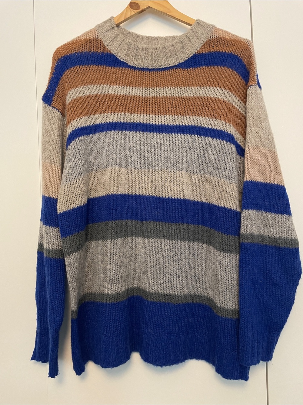 Cozy Striped Crewneck Sweater in Blue, Gray & Brown